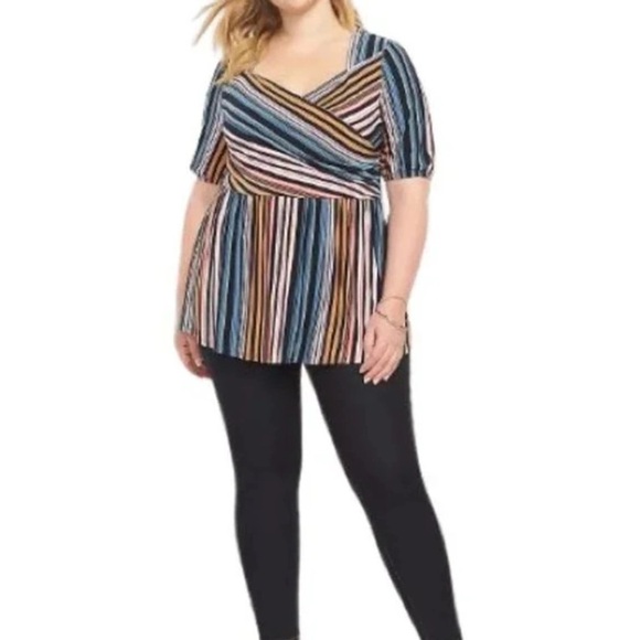 New LANE BRYANT Illusion Stripes Peplum Tunic Faux Wrap Top Size 22 24 Babydoll - Picture 2 of 14